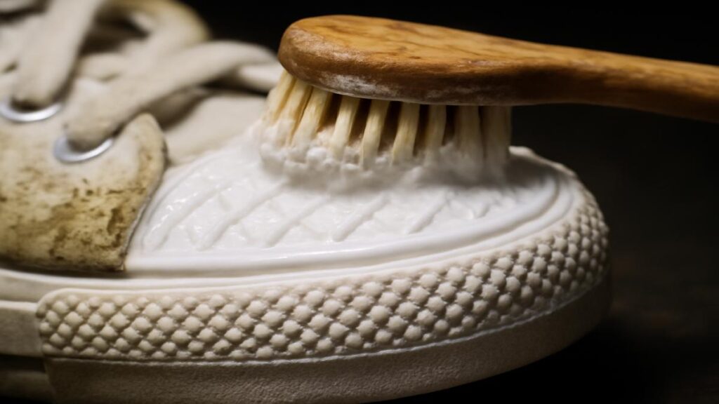 close up clean white shoe